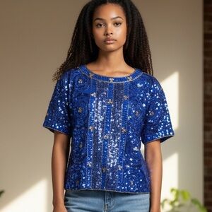 Blue Sequin Women's Blouse vintage pure silk 1940